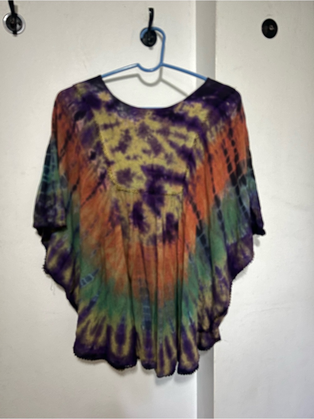 Boho Tie-Dye Flutter Tunic Top in Purple, Orange & Green